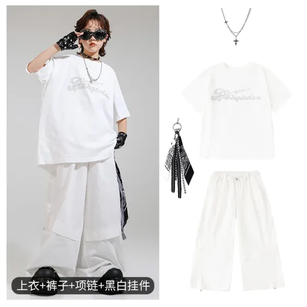 Magicedou Embroidered Logo Oversized T-Shirt and Wide-Leg Pants Set White - 1