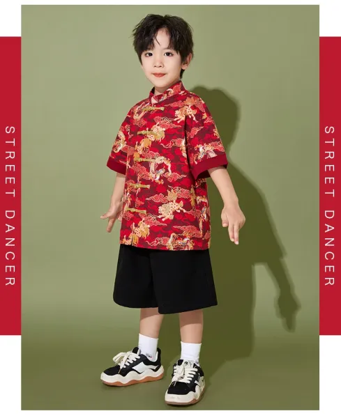 Traditional Chinese Dragon Print Hanfu-Style Set Red + Black Shorts + Folding Fan - 15