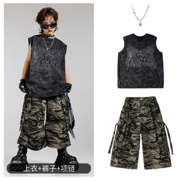 Streetwear Set: Rhinestone Graphic Vest Top + Camo Cargo Shorts + Cross Necklace - 1