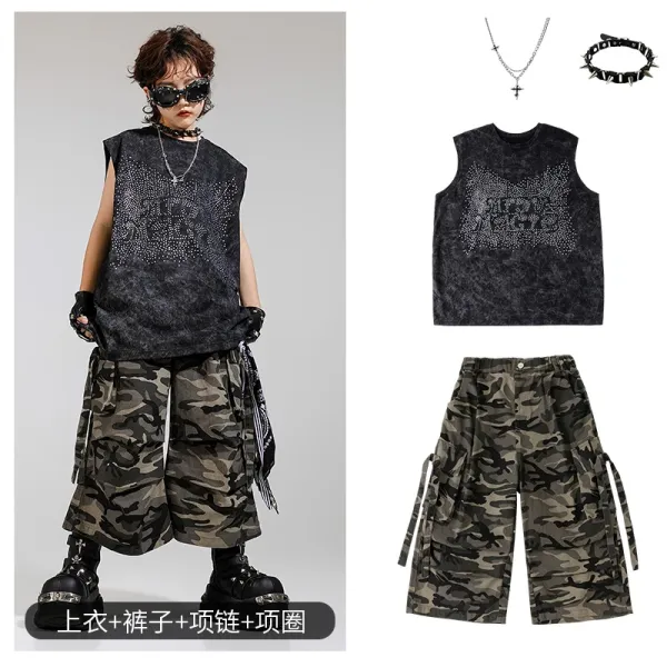 Valentino Rockstud Crystal-Embellished Vest Top + Camo Cargo Shorts + Cross Pendant Necklace + Spiked Choker Set - 1