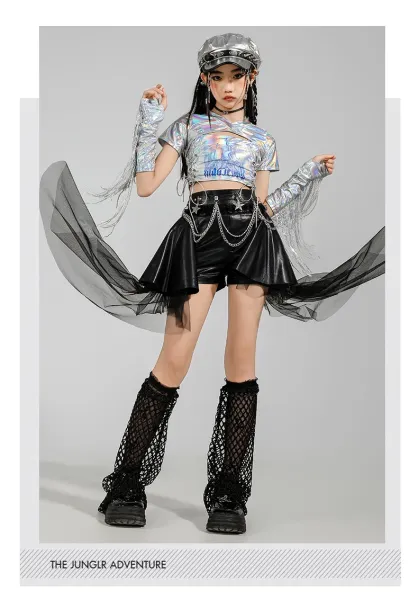Custom Streetwear Set: Holographic Crop Top + Asymmetrical Tulle Shorts + Chain Waist Belt + Mesh Leg Warmers + Metallic Cap - 12
