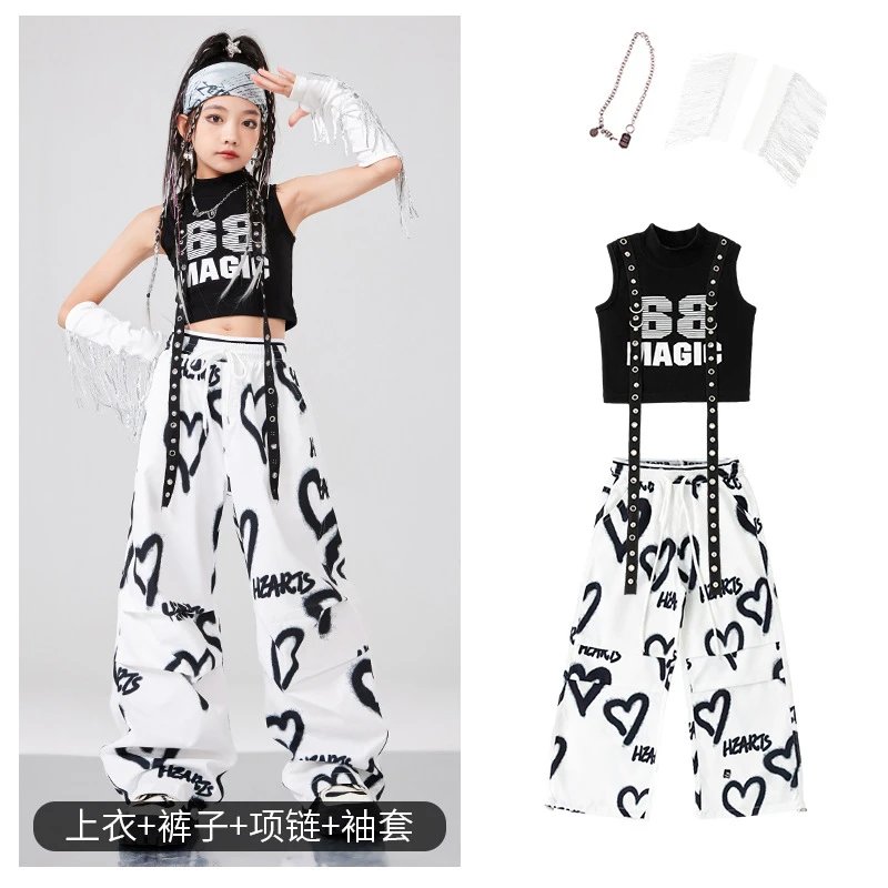 BB Magic Streetwear Set Black/White Heart Print Vest Top + Cargo Pants + Fringe Arm Warmers + Chain Necklace - 1