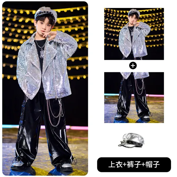 Design Sequined Oversized Jacket + Glossy Wide-Leg Pants + Metallic Cap Set - 1