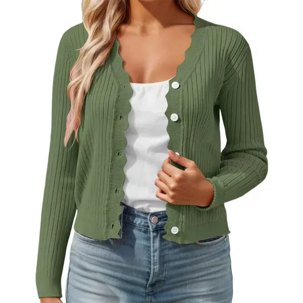 Olive Green Ribbed Scalloped Hem Cardigan - 1