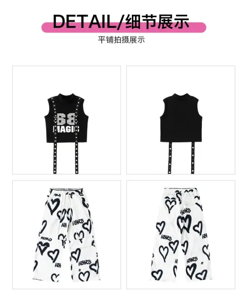 BB Magic Streetwear Set Black/White Heart Print Vest Top + Cargo Pants + Fringe Arm Warmers + Chain Necklace - 18