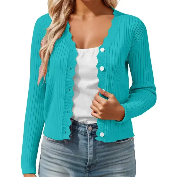 Scalloped Hem Ribbed Knit Cardigan in Turquoise - 1