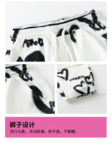 BB Magic Streetwear Set Black/White Heart Print Vest Top + Cargo Pants + Fringe Arm Warmers + Chain Necklace - 22