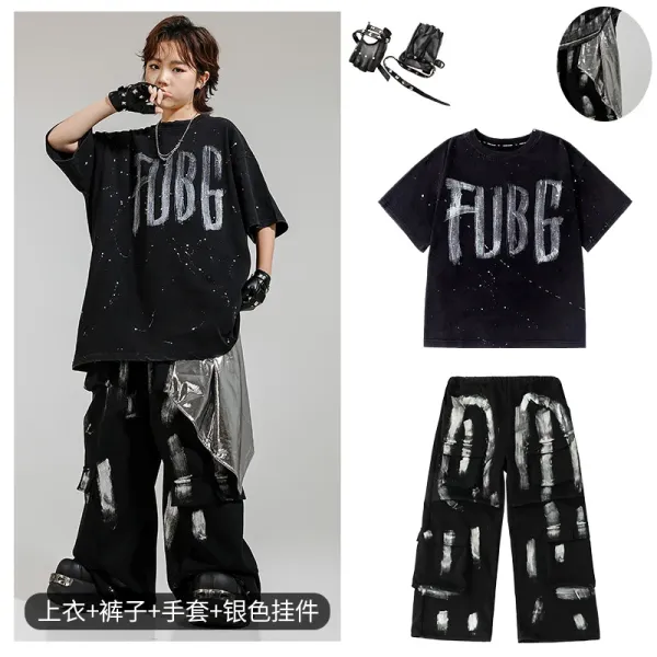 FUBG Graphic Print Oversized T-Shirt and Cargo Pants Set Black with Silver Accents - 1