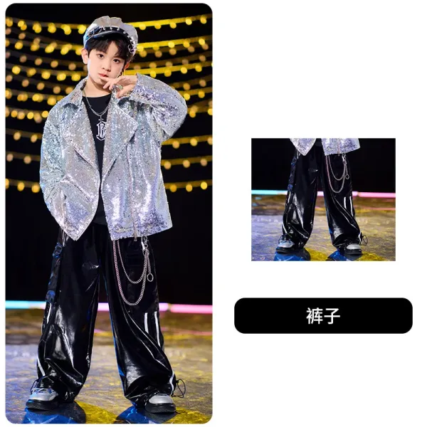 Design Sequined Oversized Jacket Silver + Glossy Vinyl Pants Black - 1