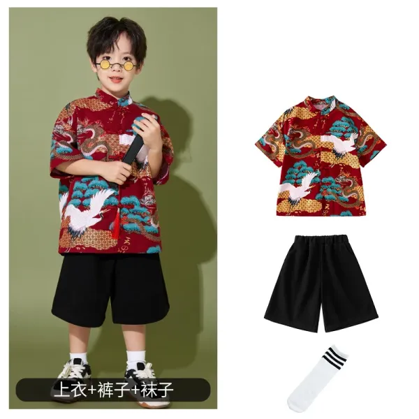 Traditional Chinese Dragon and Crane Print Shirt + Black Shorts + Striped Socks Set - 1