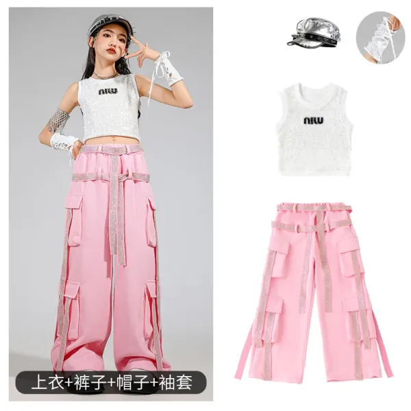 Miu Miu Sequined Crop Top + Cargo Pants + Metallic Cap + Lace Gloves Set - 1