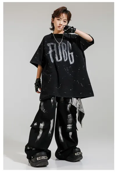 FUBG Graffiti Print Oversized T-Shirt and Cargo Pants Set Black - 9