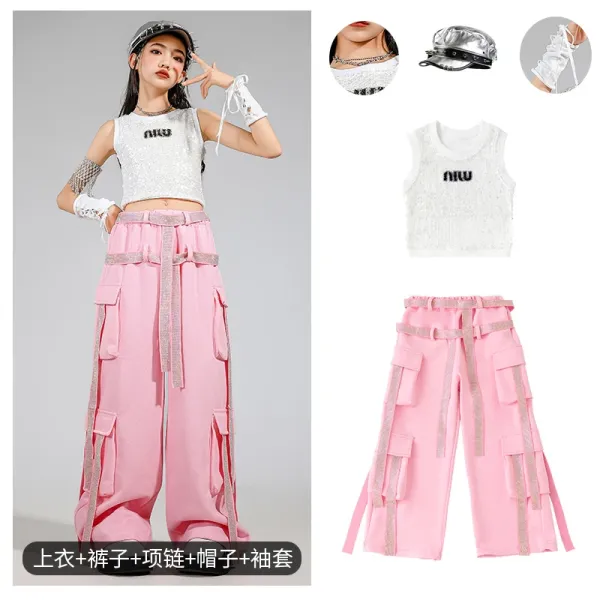 Miu Miu Sequined Crop Top and Cargo Pants Set Pink - 1