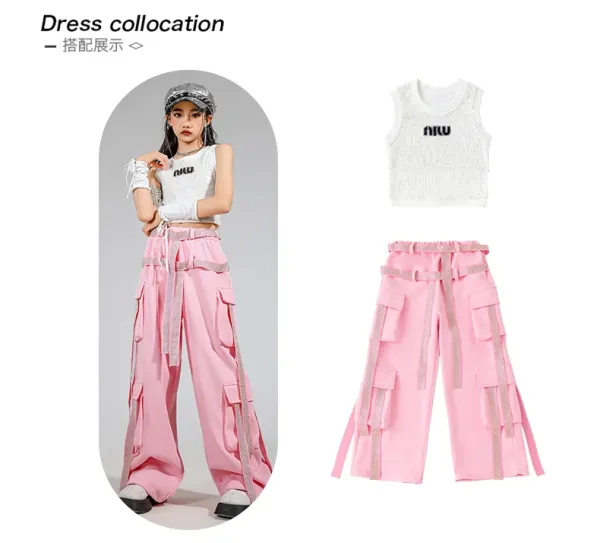 Miu Miu Sequined Crop Top + Cargo Pants Set in Pink and Silver - 4
