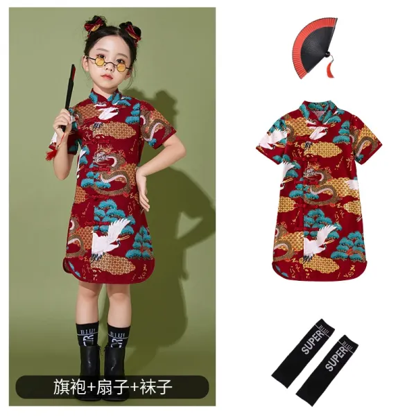 Traditional Chinese Qipao Dress with Dragon and Crane Print Red Multicolor Dress - 1