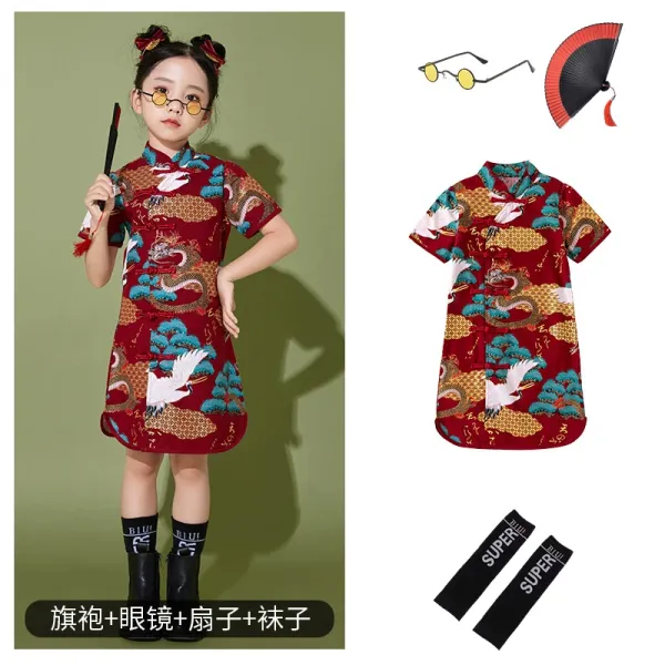 Traditional Chinese Qipao Dress with Dragon and Crane Print Red Multicolor Dress - 1