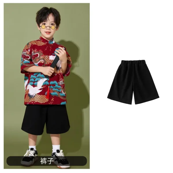 Traditional Chinese Style Embroidered Shirt + Black Cotton Shorts Set - 1