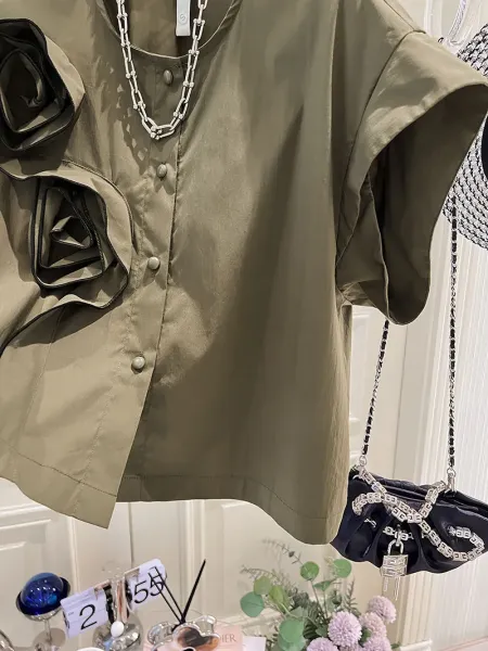 Olive Green Asymmetrical Rose-Embroidered Shirt Top - 16