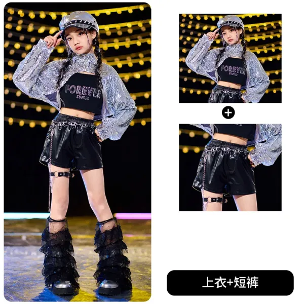 Forever 21 Sequin Cropped Top + Faux Leather Shorts Set Silver Black - 1
