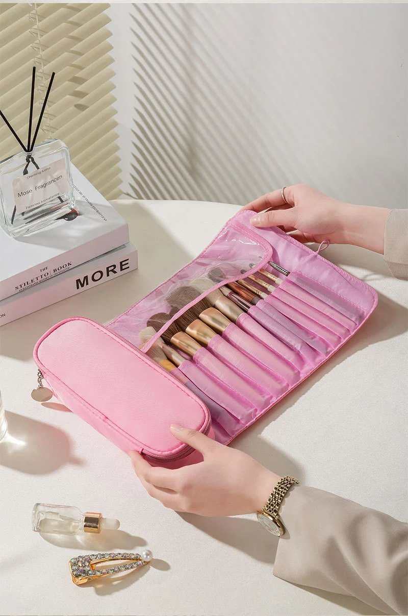 Pink Roll-Up Makeup Brush Organizer Pouch - 14
