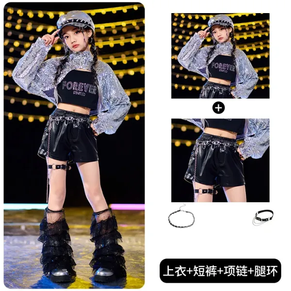 Forever Young Sequin Cropped Top + Faux Leather Shorts + Chain Accessories Set - 1