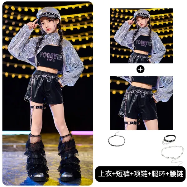 Forever 21 x Streetwear Collection Sequin Cropped Top + Faux Leather Shorts + Chain Accessories Set - 1