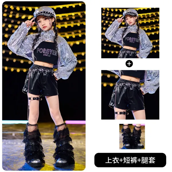 Forever Young + Custom Sequin Crop Top + Black Leather Shorts + Ruffled Leg Warmers Set - 1