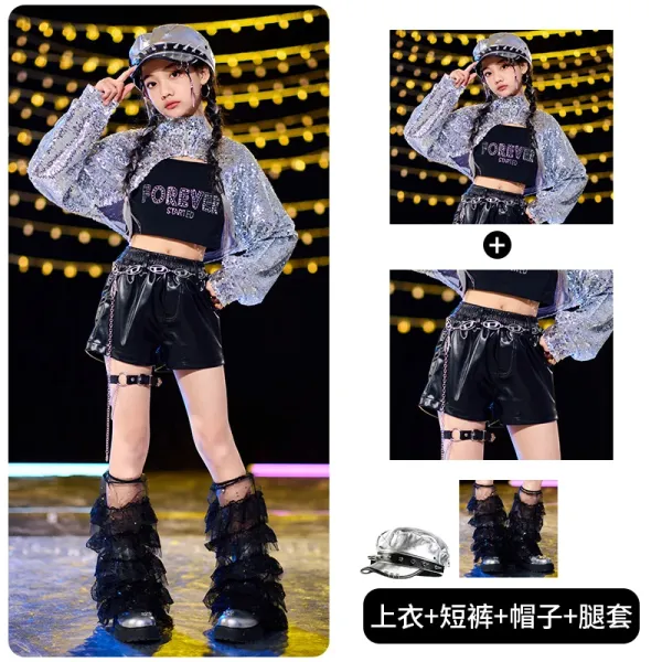 Forever 21 x Streetwear Collection Sequin Cropped Top + Faux Leather Shorts + Chrome Visor Hat + Ruffled Lace Leg Warmers Set - 1