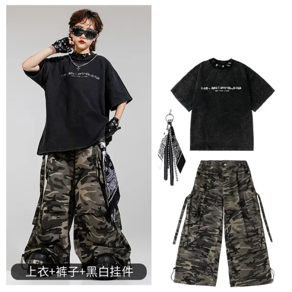 Design Streetwear Set: Acid Wash Black T-Shirt + Camo Cargo Pants + Bandana Keychain - 1
