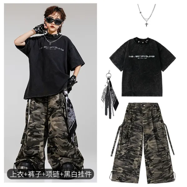 Design Streetwear Set: Acid Wash Black Graphic T-Shirt + Camo Cargo Pants + Cross Pendant Necklace + Bandana Keychain - 1