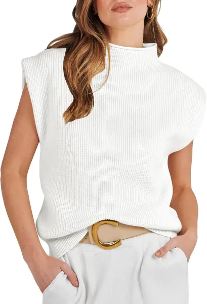 Ribbed Sleeveless Turtleneck Top in Pink Sweater - 21