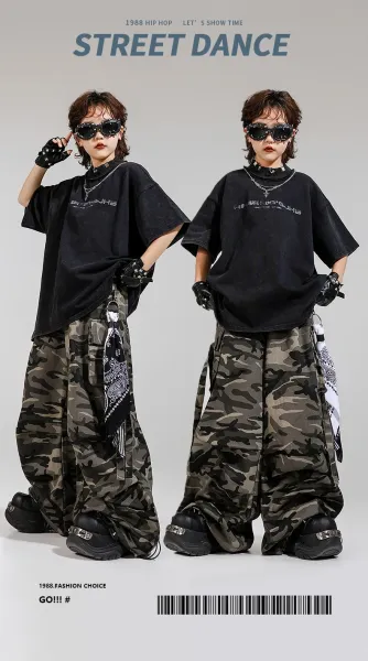 Design Streetwear Set: Acid Wash Black T-Shirt + Camo Cargo Pants + Leather Gloves + Cross Necklace + Bandana Keychain - 2