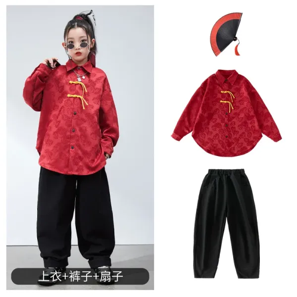 Chinese-Inspired Embroidered Shirt Set with Fan Accessory Red Black - 1
