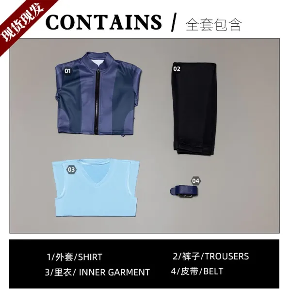 Design Streetwear Set: Blue Panelled Jacket, Black Trousers, Light Blue Inner Top, and Navy Belt - 1