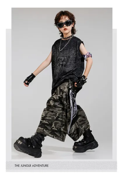 Design Streetwear Set: Acid Wash Rhinestone Vest Top + Camo Cargo Shorts + Spiked Choker + Bandana Keychain - 13