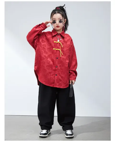 Chinese-Inspired Velvet Shirt + Satin Pants + Chain Necklace Set Red/Black - 10