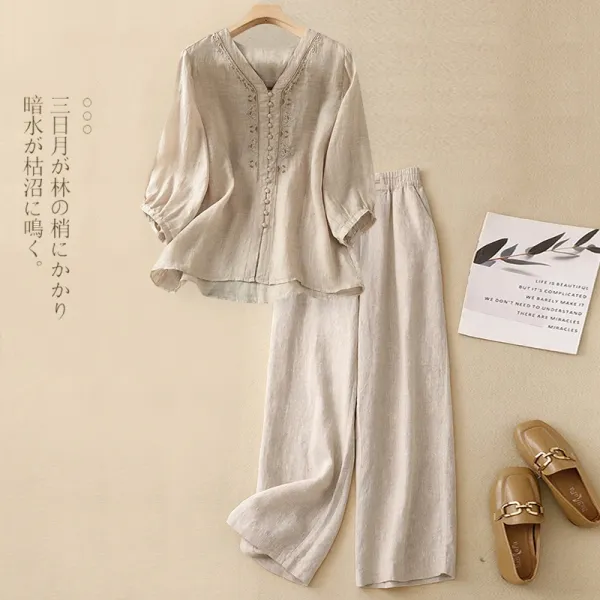 Linen Embroidered V-Neck Top and Wide-Leg Pants Set Beige Casual Set - 1