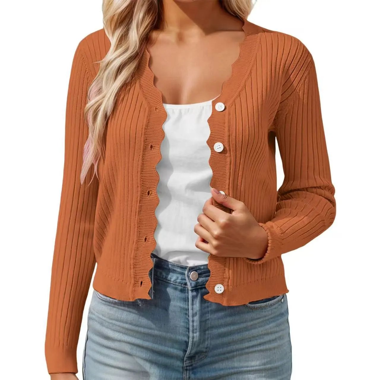 Ribbed Scalloped Hem Cardigan in Terracotta - 1