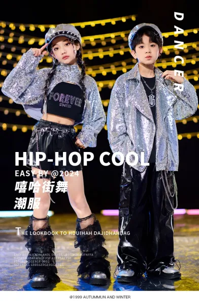 Design Sequined Oversized Jacket Silver + Black Graphic T-Shirt + Glossy PVC Pants + Chain-Embellished Cap + Cross Pendant Necklace Set - 2