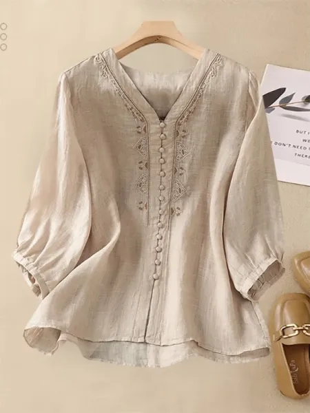 Embroidered Linen V-Neck Blouse Beige Shirt - 4