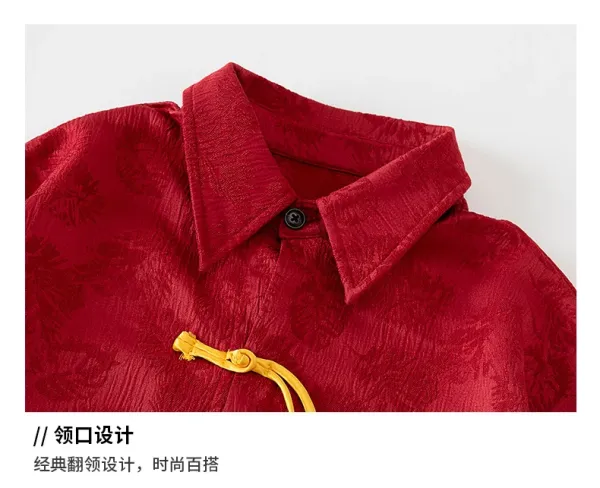 Chinese-Inspired Velvet Shirt + Satin Pants + Chain Necklace Set Red/Black - 21