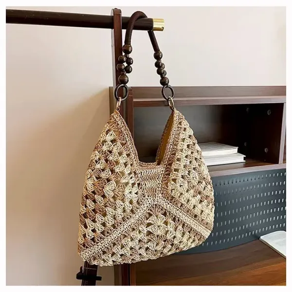 Handwoven Crochet Hobo Bag Beige-Brown Natural Fiber Shoulder Bag - 1