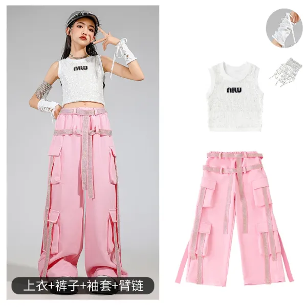 Miu Miu Sequined Crop Top + Pink Cargo Pants Set with Lace Arm Warmers - 1