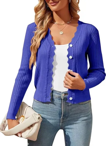 Ribbed Scallop-Hem Cardigan in Royal Blue - 1