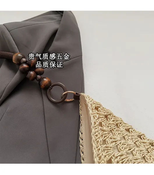 Handwoven Crochet Hobo Bag Beige-Brown Natural Fiber Shoulder Bag - 7