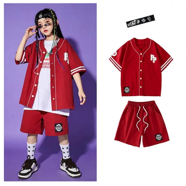 WZT BP Baseball Jersey Set Red Kids Streetwear Outfit - 1