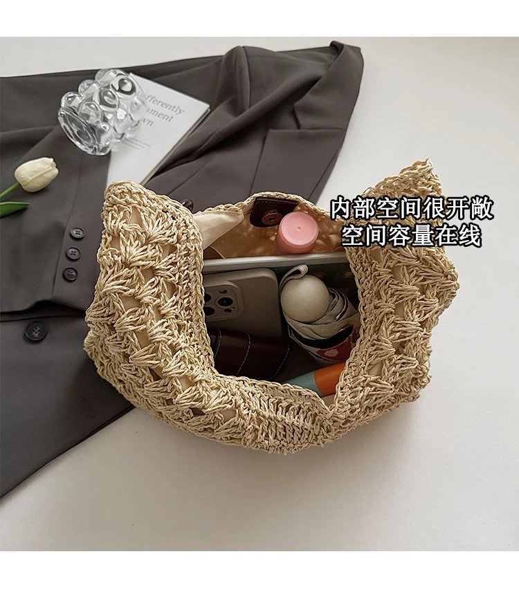 Handwoven Crochet Hobo Bag Beige-Brown Natural Fiber Shoulder Bag - 10