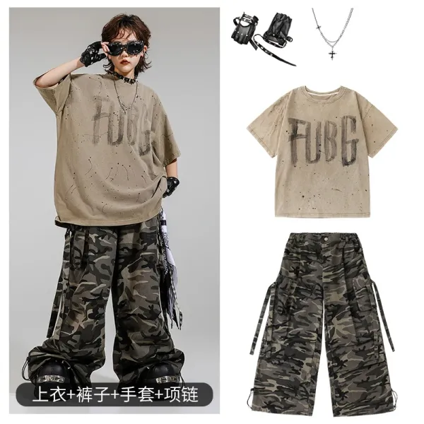 FUBG Graphic Print Oversized T-Shirt Beige + Camo Cargo Pants Army Green + Leather Fingerless Gloves Black + Cross Pendant Necklace Silver - 1