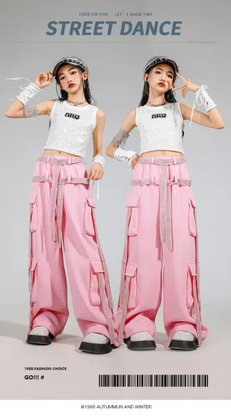 Miu Miu Sequined Crop Top + Cargo Pants Set in Pink and Silver - 2