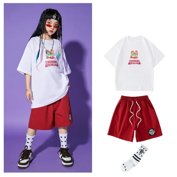 Chinese Klinlin x West Collection Graphic T-Shirt and Shorts Set White/Red - 1